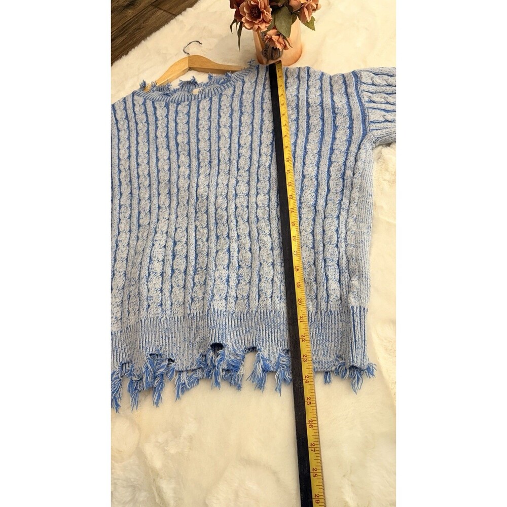 Bibi Women Sweater Size L Cable Knit Long Sleeve Distressed Chunky Blue - Picture 7 of 13